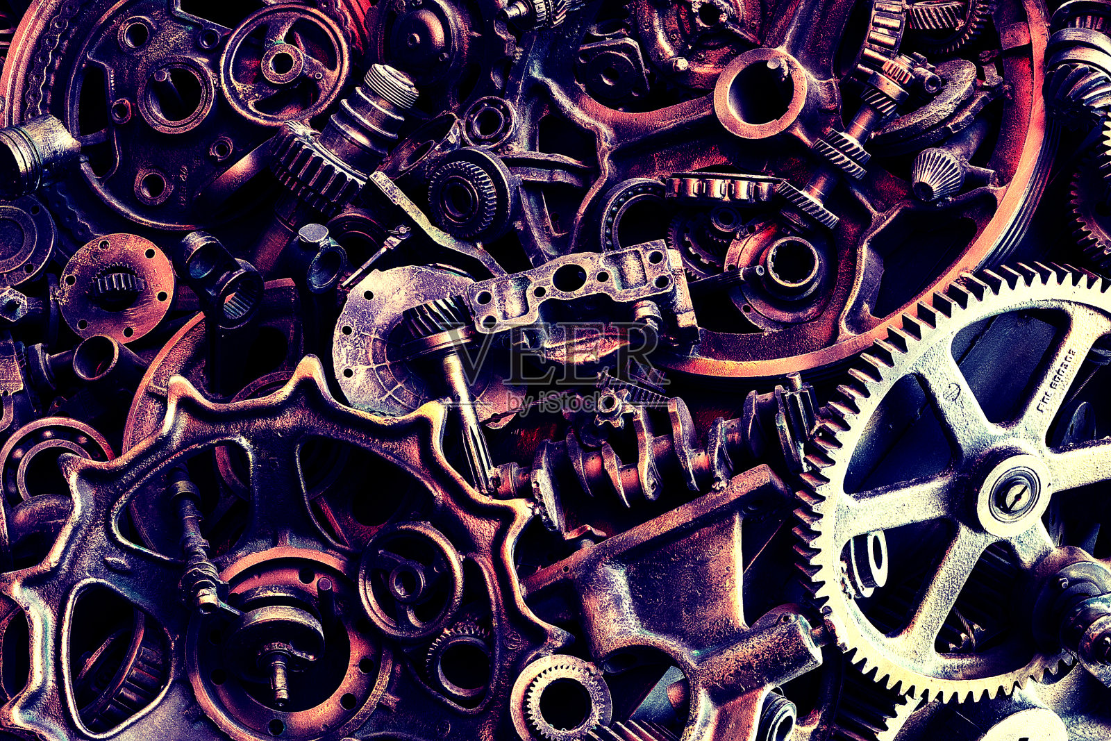 蒸汽朋克的紋理,背景與機(jī)械零件,齒輪,蒸汽朋克齒輪,堆汽車(chē)零件,舊生銹的鐵鏈,彈簧,車(chē)輪,接近照片攝影